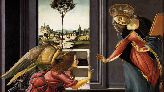Sandro Botticelli’s Annunciation depicting the Archangel Gabriel kneeling before the Virgin Mary.
