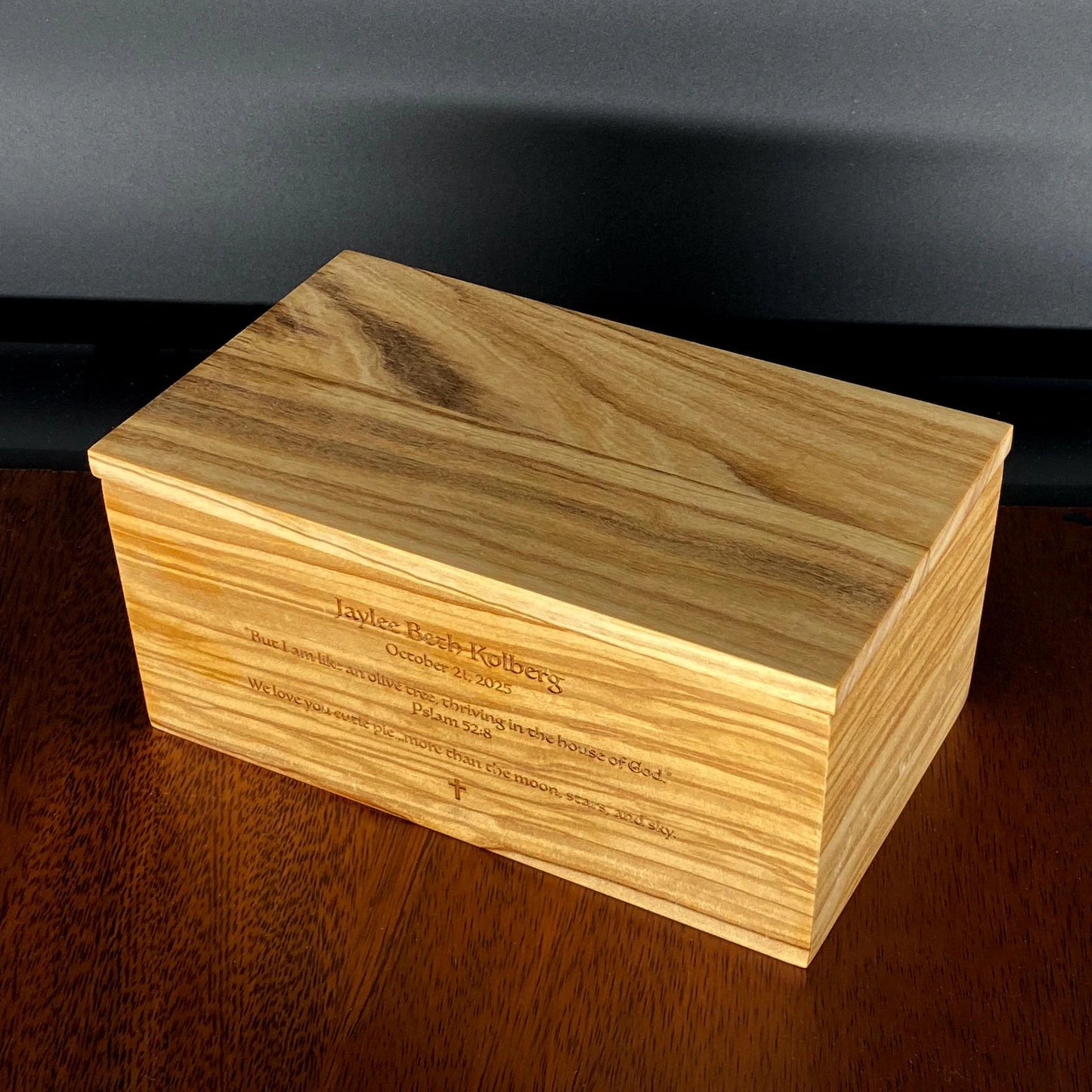 Handmade Olive Wood Cremation Urn — Adult Memorial Box (Columbarium-Friendly)