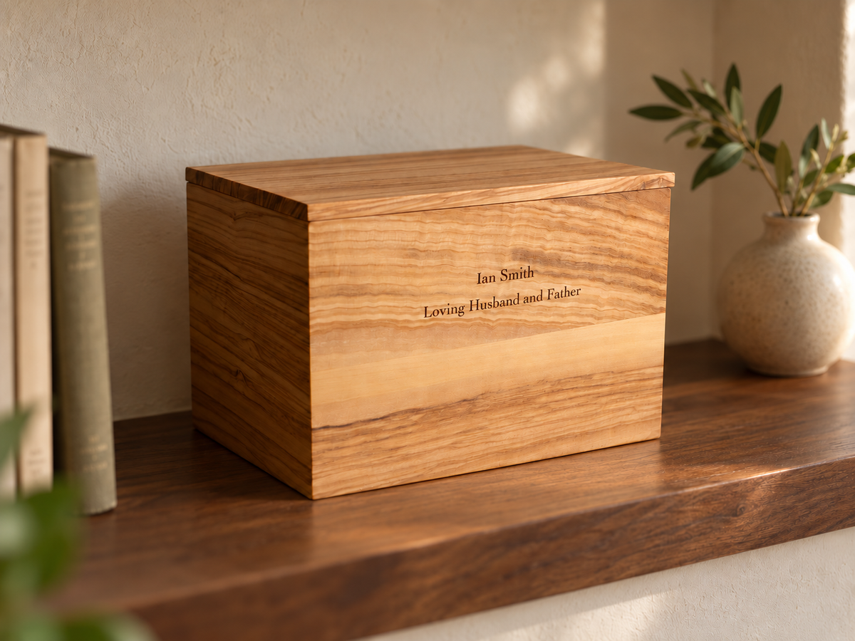 A rectangular wooden box with a natural wood grain finish and personalized engraving, displayed on a dark wooden shelf next to books and a small vase.